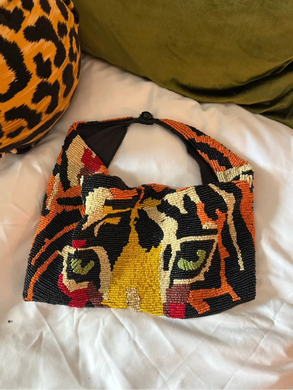 Beaded Tiger Face Scarf Necklace in Black & Orange